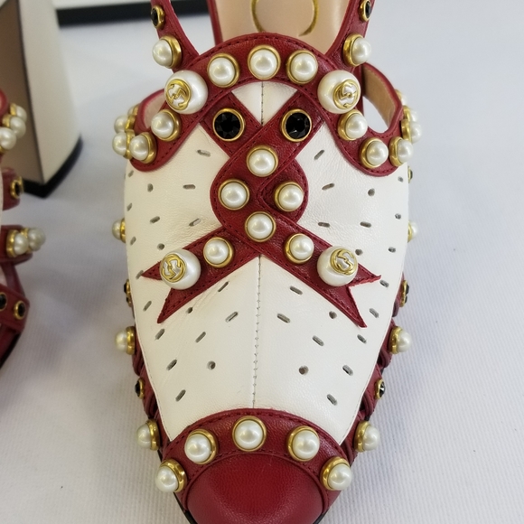 Gucci Tracy Red White Embellished Heels Sz 36 - Picture 11 of 16